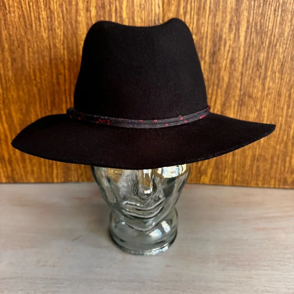 TRUE RELIGION Womens Wool Black Wide Brim Fedora Homburg Hat Classic Chic‎ 22”